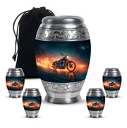 Sky Blue Bike Cremation Urn detail view - ornate monarch-style bike relief on brushed aluminum - memorial set with one large and four small urns