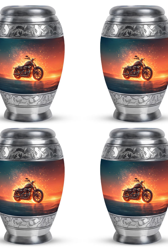 Sapphire Blue Bike Cremation Urn urn with complimentary velvet bag - royal bike engraving with decorative scrollwork - 10 inch aluminum urn for cremated remains