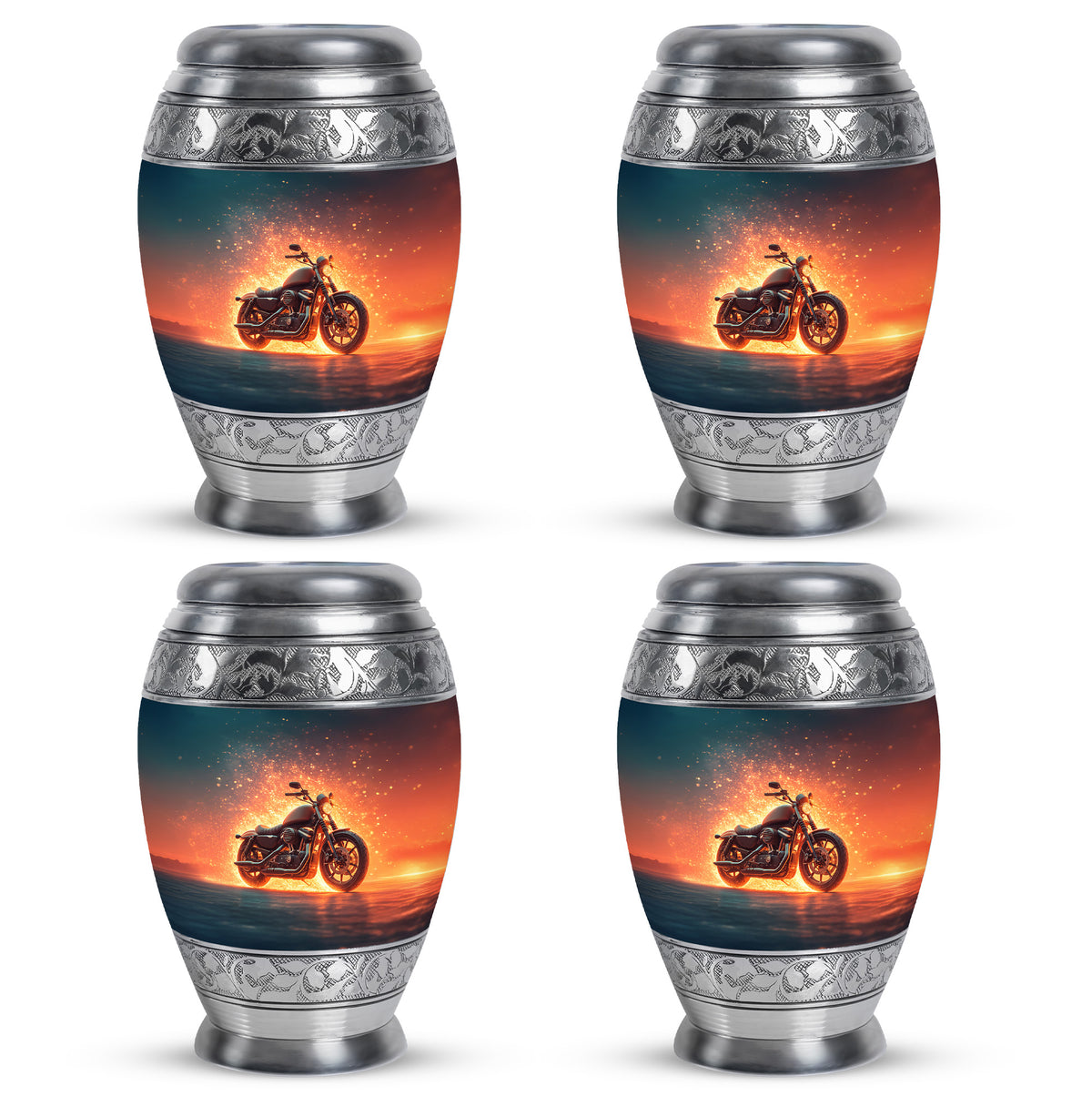 Sapphire Blue Bike Cremation Urn urn with complimentary velvet bag - royal bike engraving with decorative scrollwork - 10 inch aluminum urn for cremated remains