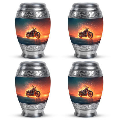 Sapphire Blue Bike Cremation Urn urn with complimentary velvet bag - royal bike engraving with decorative scrollwork - 10 inch aluminum urn for cremated remains