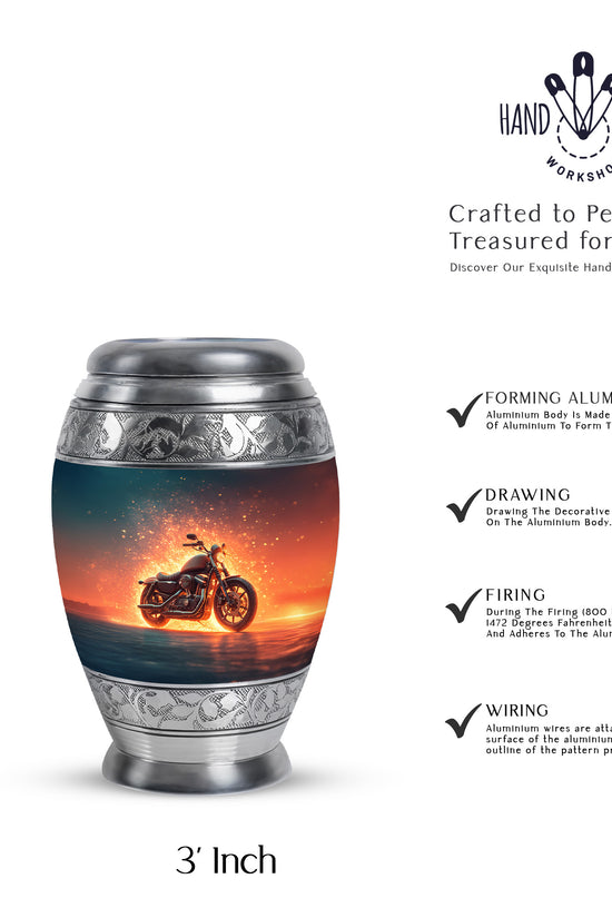 Calming Blue Bike Cremation Urn lifestyle display on memorial shelf - royal bike engraving with decorative scrollwork - mini keepsake memorial for portion of cremation ashes