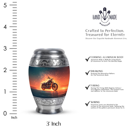 Calming Blue Bike Cremation Urn lifestyle display on memorial shelf - royal bike engraving with decorative scrollwork - mini keepsake memorial for portion of cremation ashes