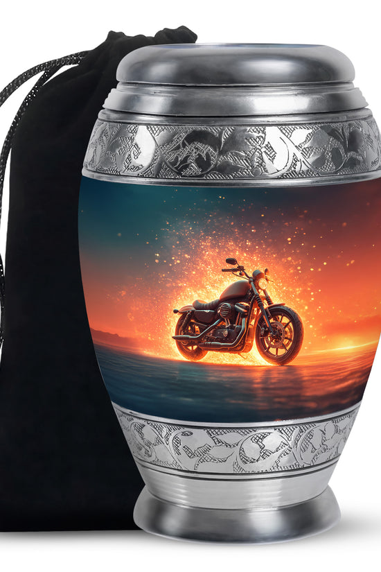 Twilight Blue Bike Cremation Urn back view with polished surface - majestic bike pattern with filigree border - full-size 10 inch 200 cubic inch adult cremation urn