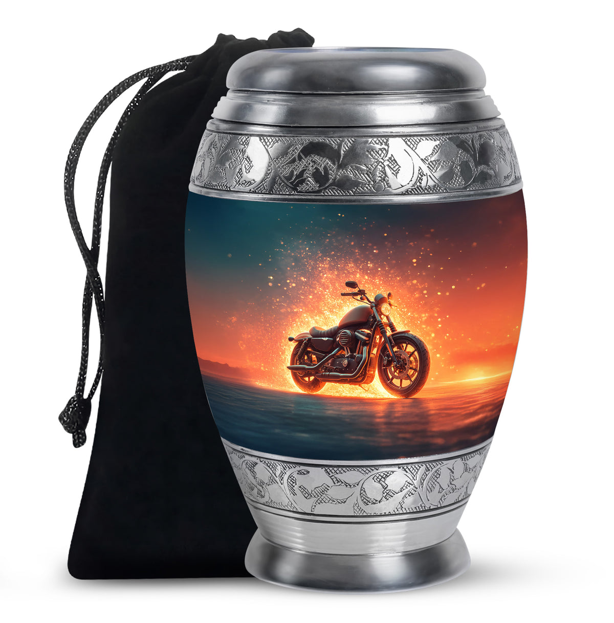 Twilight Blue Bike Cremation Urn back view with polished surface - majestic bike pattern with filigree border - full-size 10 inch 200 cubic inch adult cremation urn