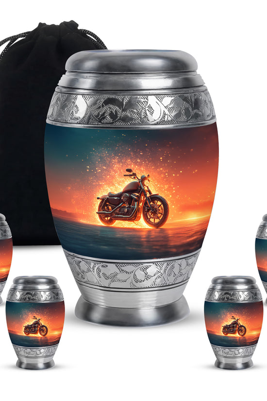 Slate Blue Bike Cremation Urn detail view - regal bike design with crown-inspired accents - memorial set with one large and four small urns