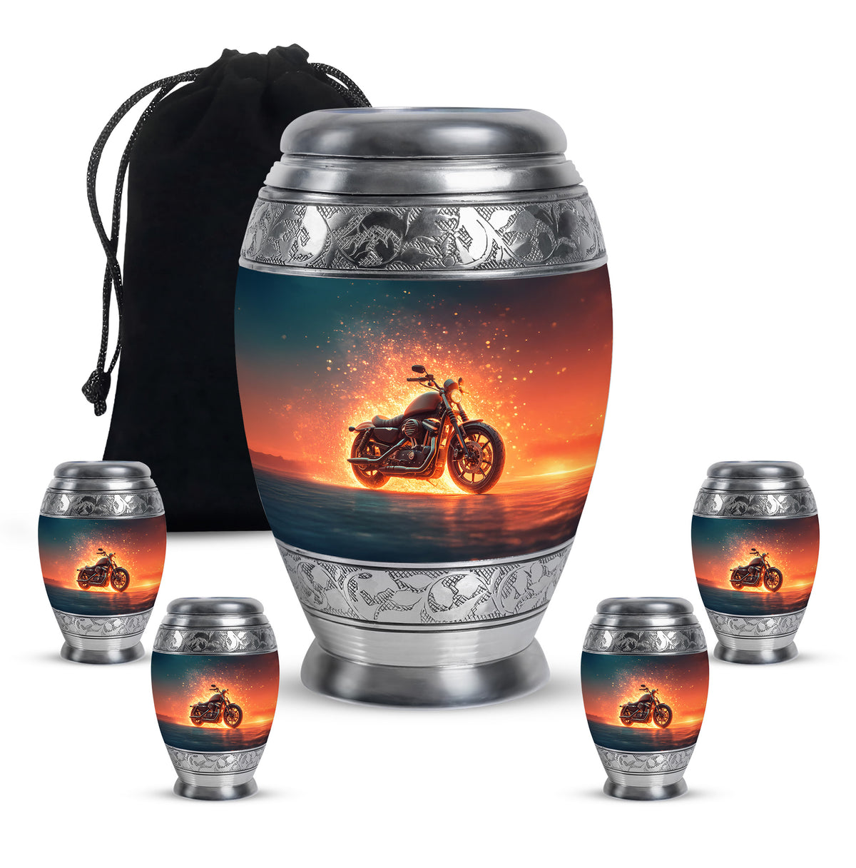 Slate Blue Bike Cremation Urn detail view - regal bike design with crown-inspired accents - memorial set with one large and four small urns