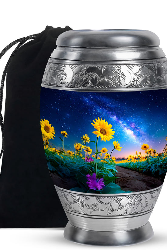 Sunflower Field Cremation Urn - Galaxy Theme Memorial Urn For Ashes