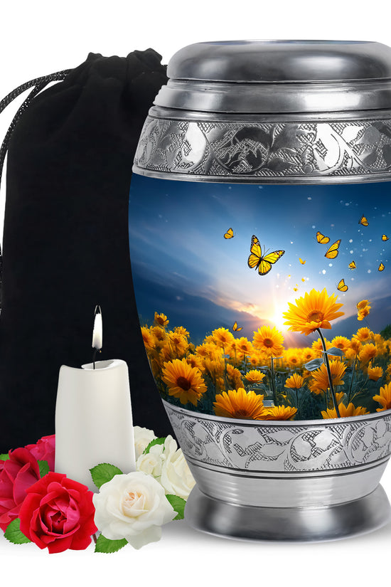 Golden Sunflower Memorial Urn - Butterfly Funeral Urn For Human Ashes