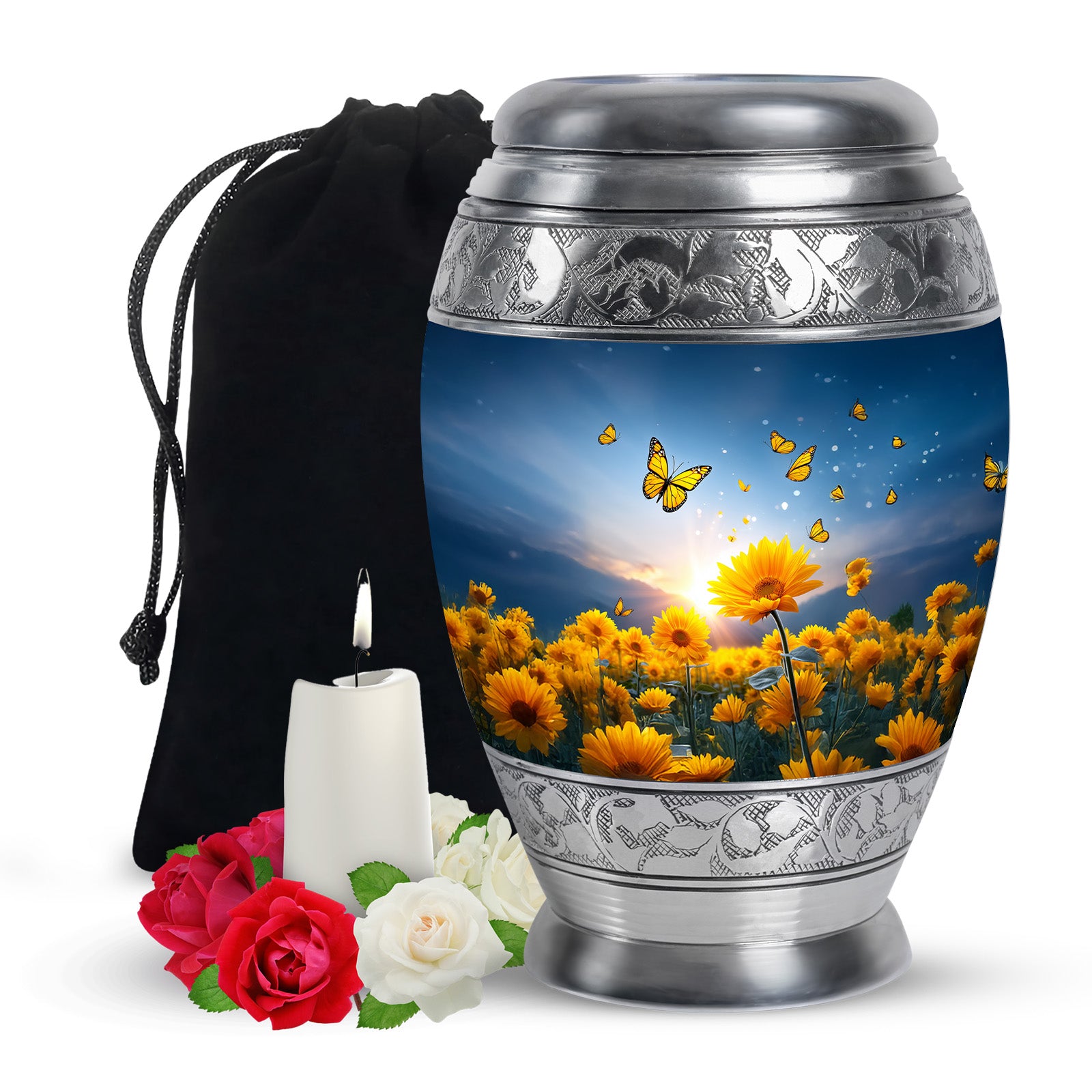 Golden Sunflower Memorial Urn - Butterfly Funeral Urn For Human Ashes