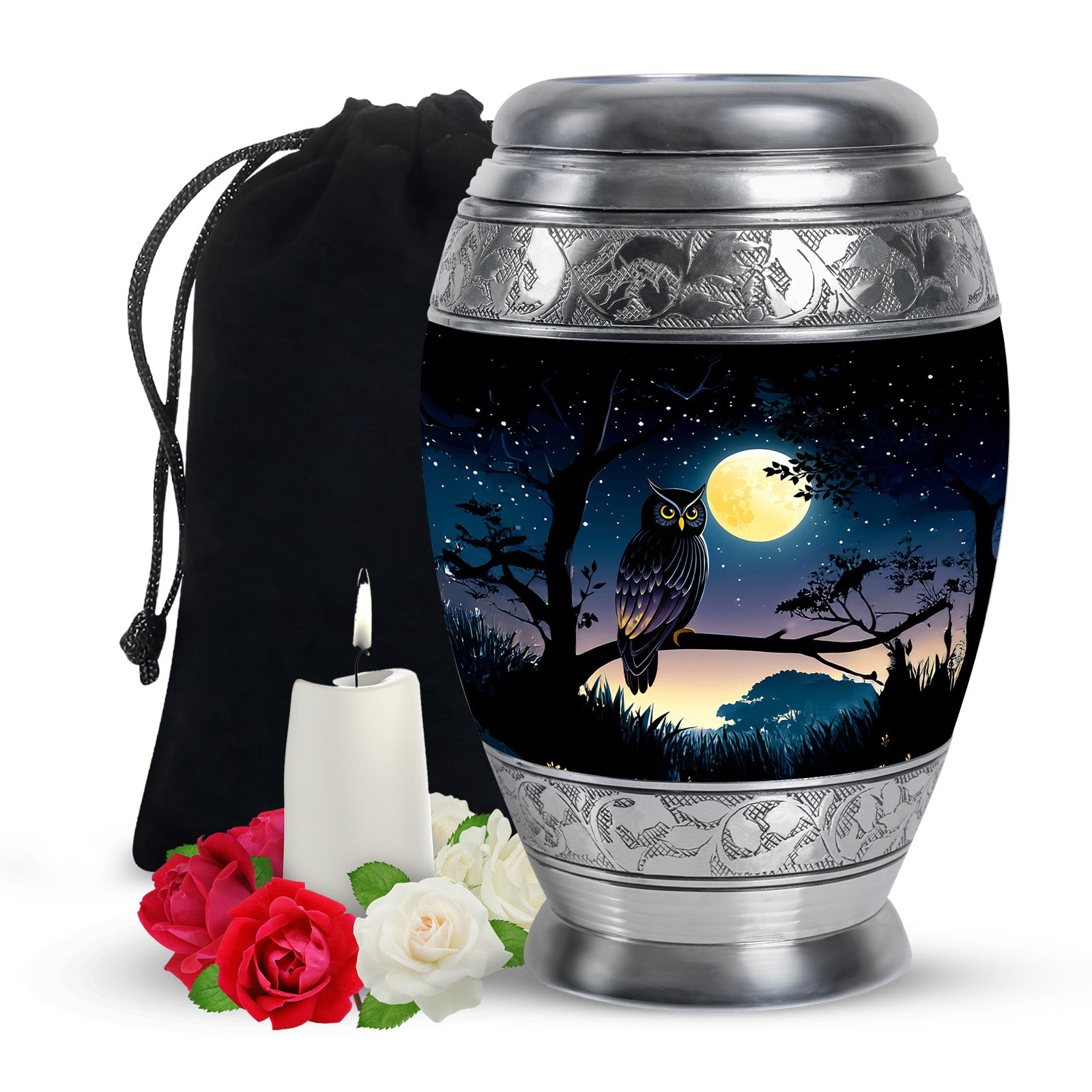 Black Owl Cremation Urn - Moonlight Memorial Urn For Human Ashes
