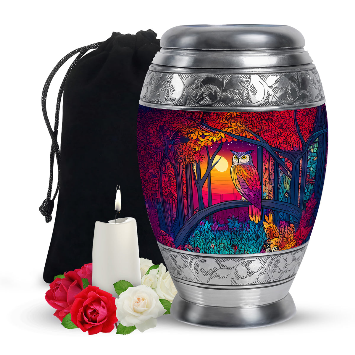Colorful Forest Owl Urn - Decorative Memorial Urn For Ashes