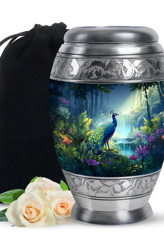 Blue Peacock Cremation Urn - Forest Waterfall Funeral Urn For Adult Ashes