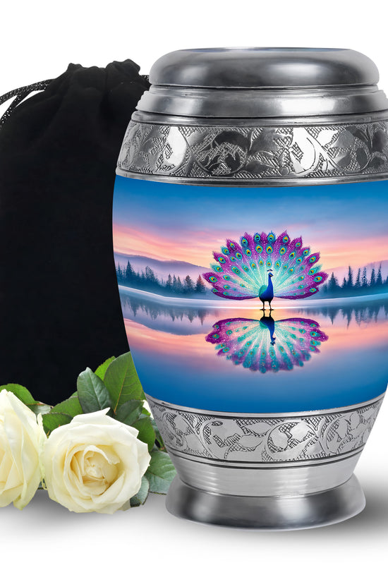 Colorful Peacock Cremation Urn - Sunset Lake Memorial Urn For Human Ashes