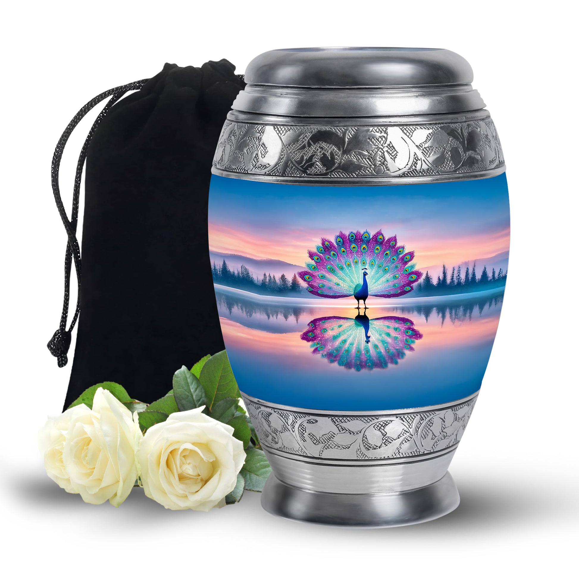 Colorful Peacock Cremation Urn - Sunset Lake Memorial Urn For Human Ashes