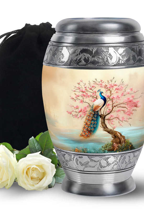 Elegant Peacock Floral Urn - Cherry Blossom Cremation Urn For Loved Ones
