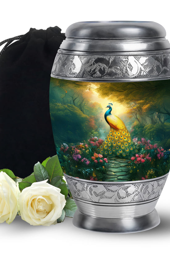 Golden Peacock Memorial Urn - Peaceful Nature Funeral Urn For Burial