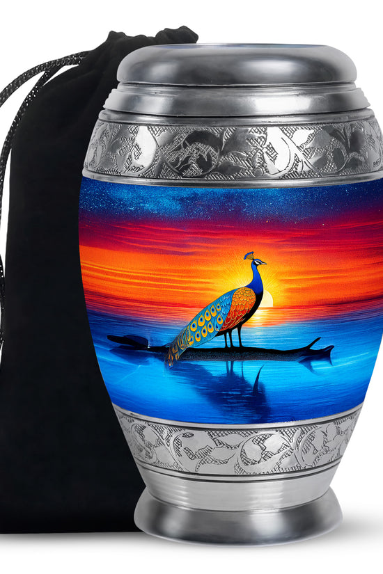 Peacock Sunset Memorial Urn - Artistic Cremation Urn For Burial