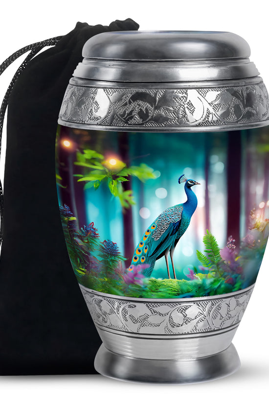 Elegant Peacock Memorial Urn - Beautiful Forest Memorial Urn For Loved Ones