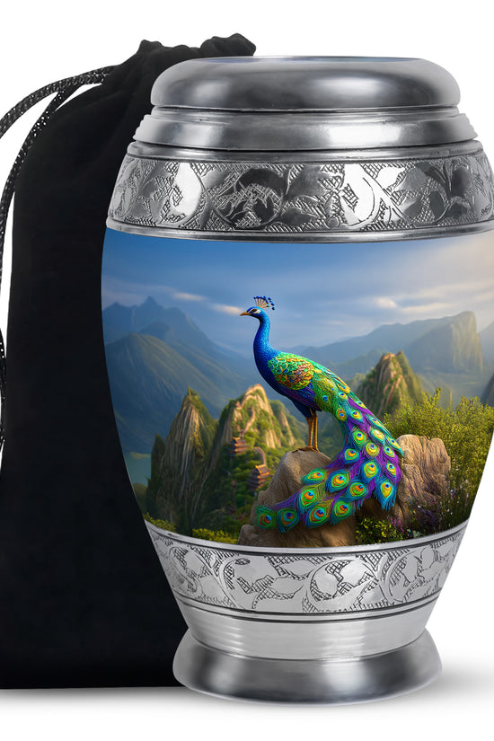 Blue Peacock Cremation Urn - Scenic Memorial Urn For Human Ashes