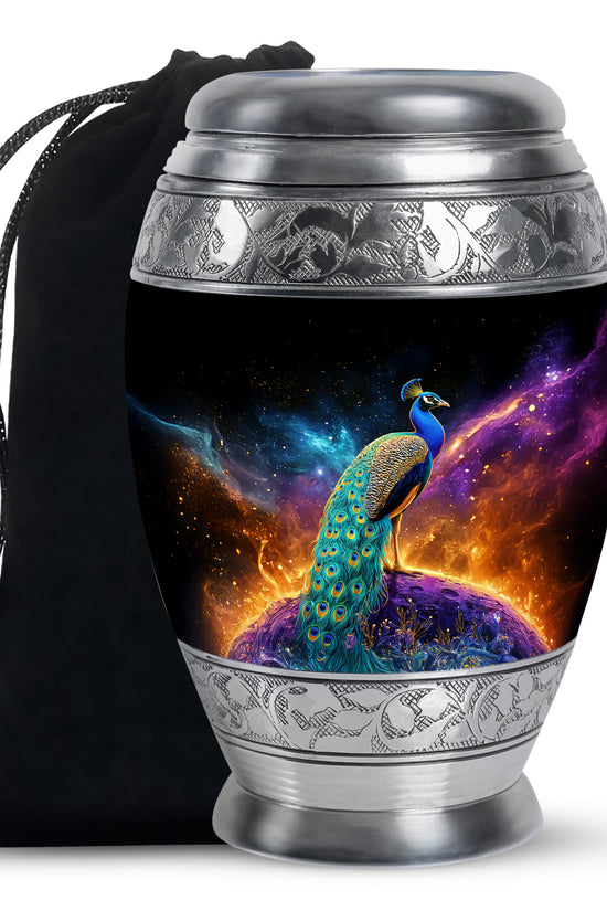Peacock Galaxy Memorial Urn - Beautiful Black Aluminium Urn For Adult Ashes