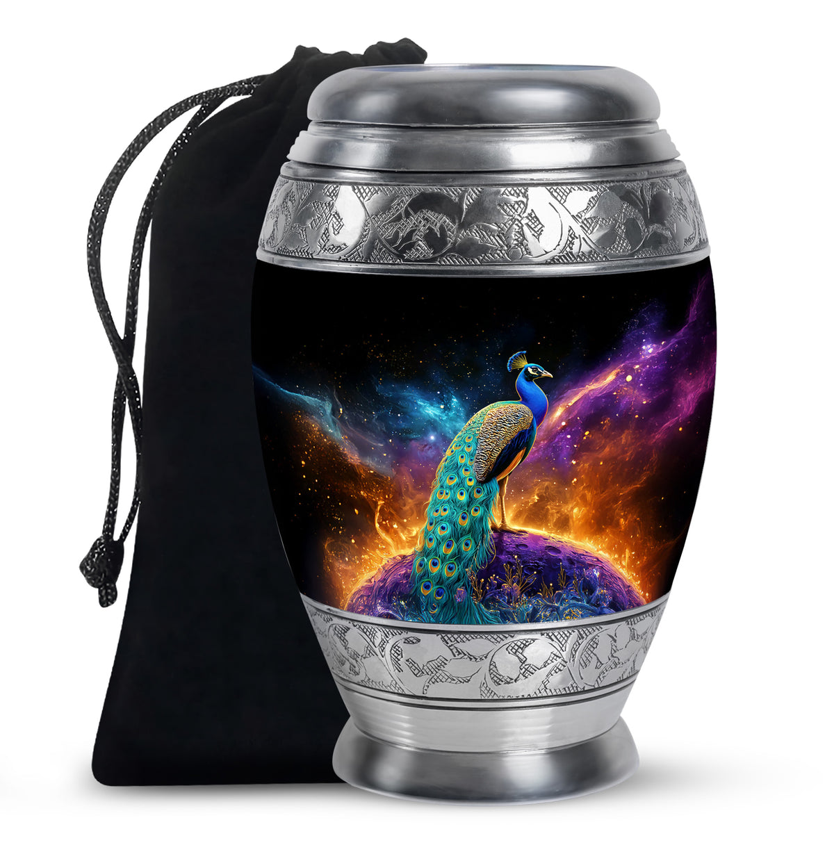 Peacock Galaxy Memorial Urn - Beautiful Black Aluminium Urn For Adult Ashes