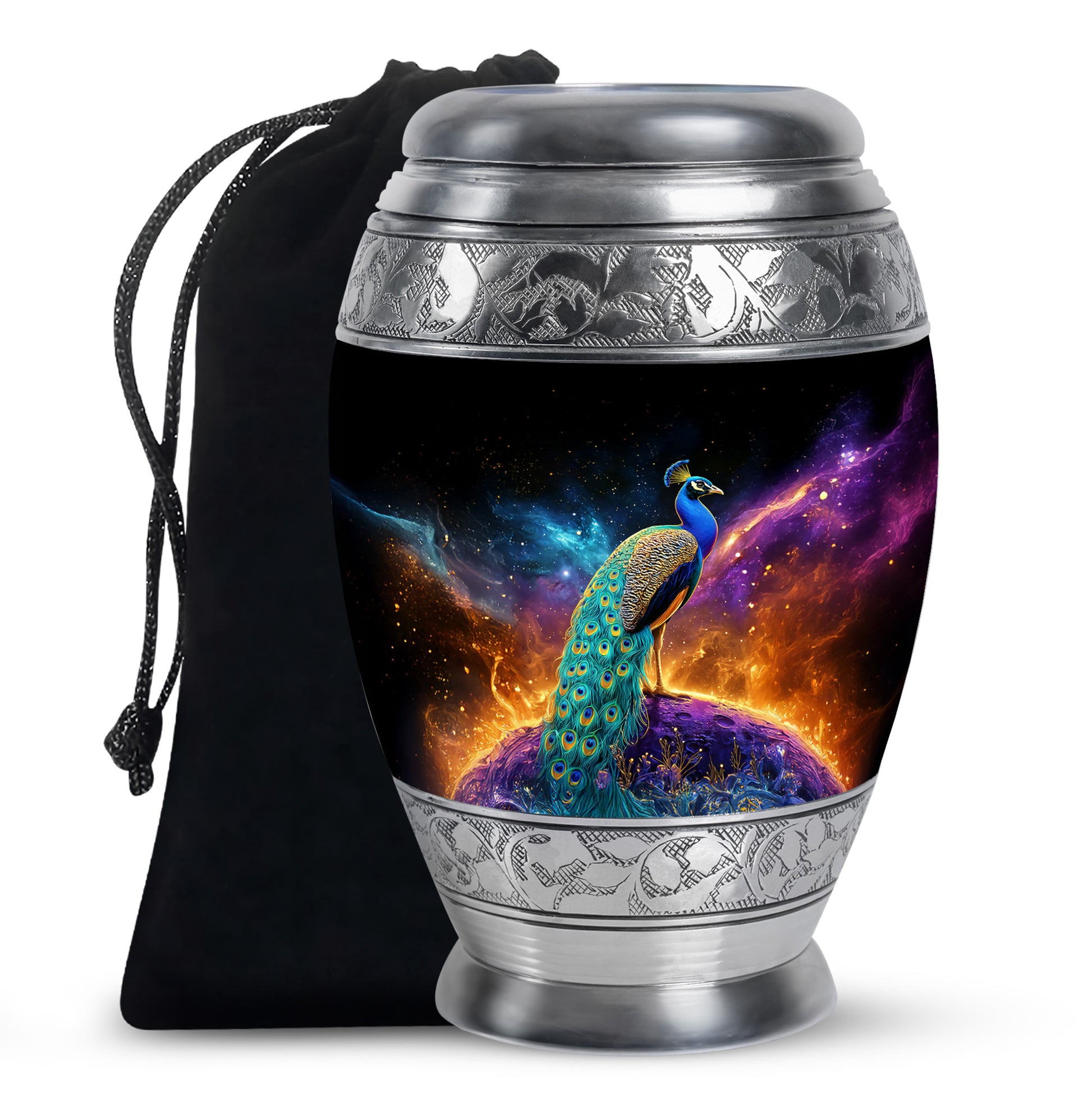 Peacock Galaxy Memorial Urn - Beautiful Black Aluminium Urn For Adult Ashes