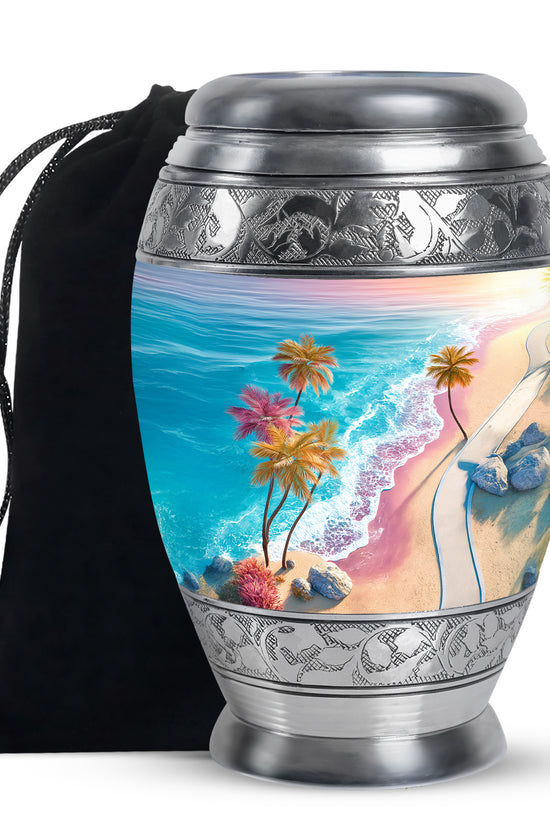 Blue Sea Urn Memorial For Ashes - Palm Trees Cremation Urn For Men