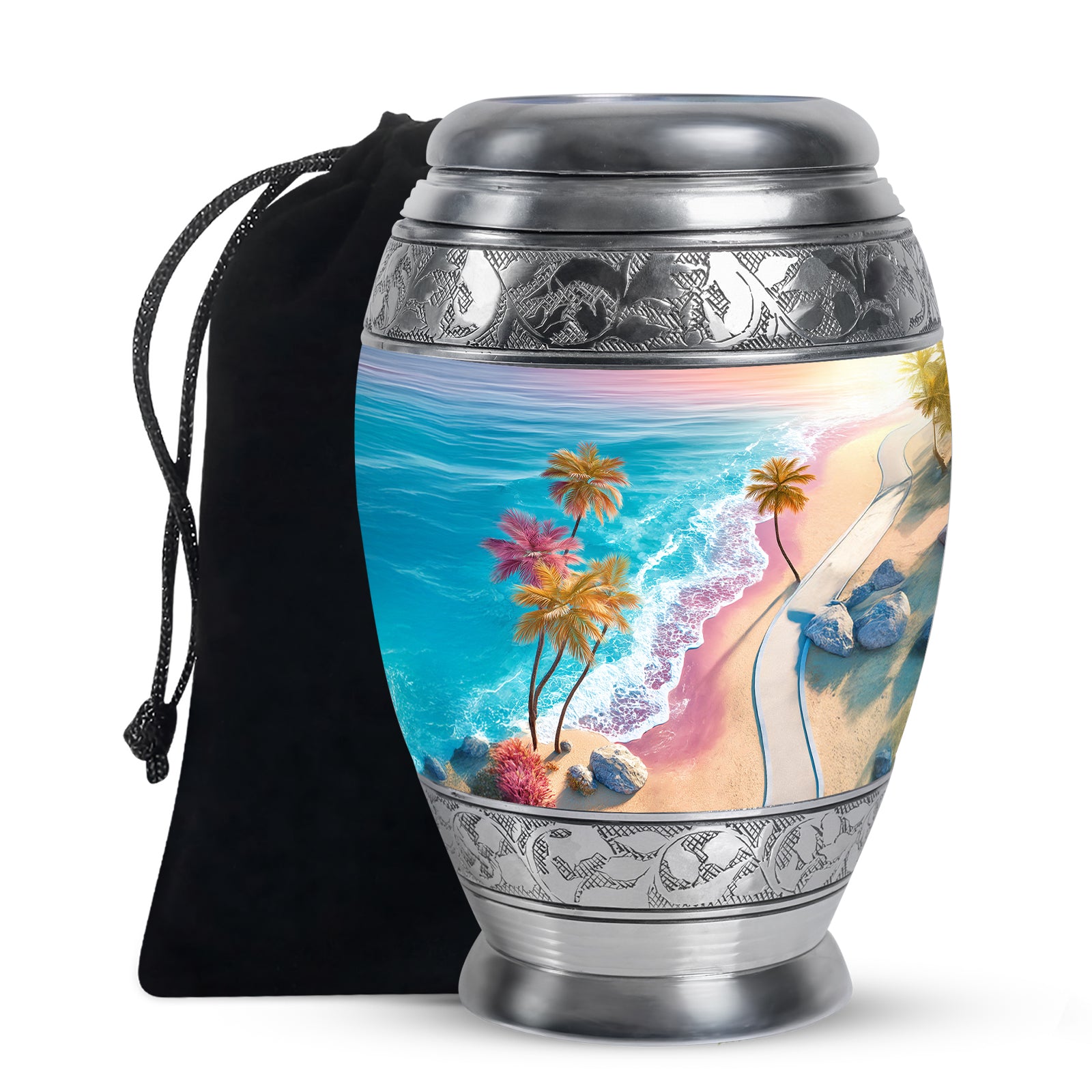 Blue Sea Urn Memorial For Ashes - Palm Trees Cremation Urn For Men