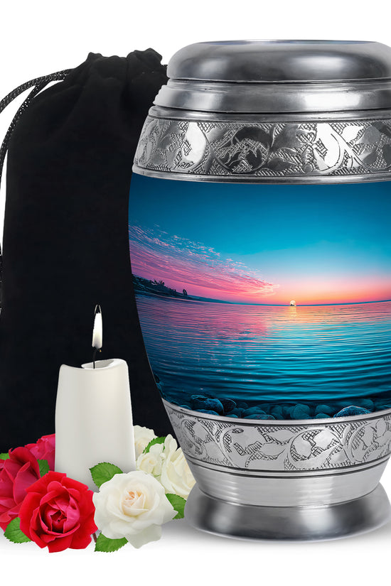 Blue Ocean Memorial Urn For Funeral - Sunset Cremation Urn For Ashes