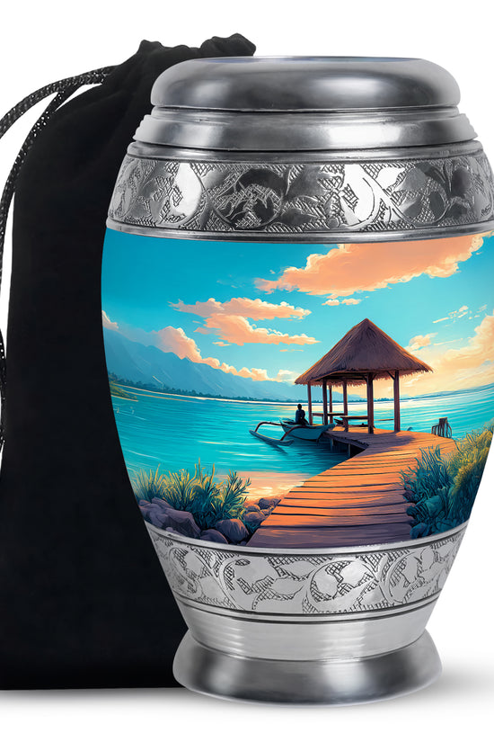Beautiful Beach Cremation Urn - Blue Aluminum Funeral Urn For Burial