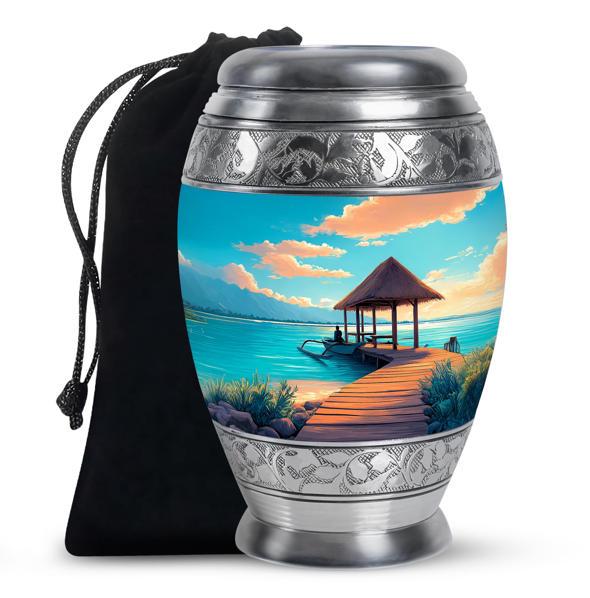 Beautiful Beach Cremation Urn - Blue Aluminum Funeral Urn For Burial