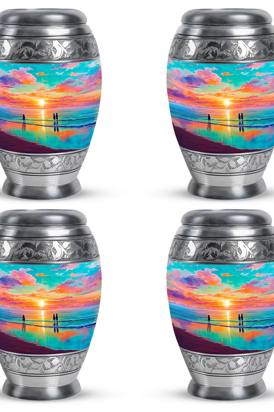 Tropical Teal Beach Cremation Urn urn with complimentary velvet bag - majestic beach pattern with filigree border - 10 inch aluminum urn for cremated remains