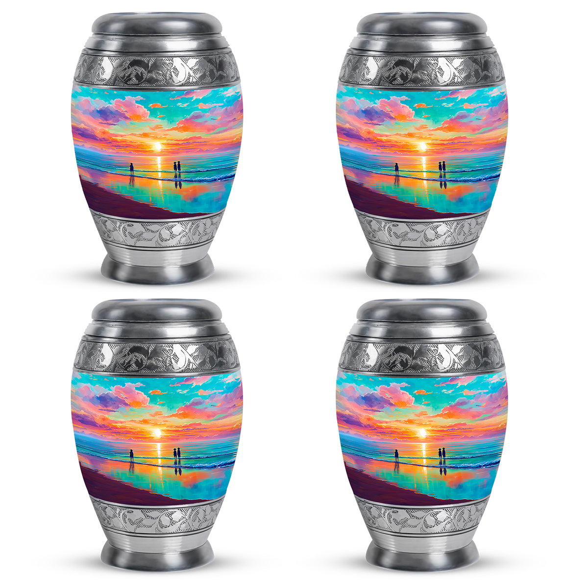 Tropical Teal Beach Cremation Urn urn with complimentary velvet bag - majestic beach pattern with filigree border - 10 inch aluminum urn for cremated remains