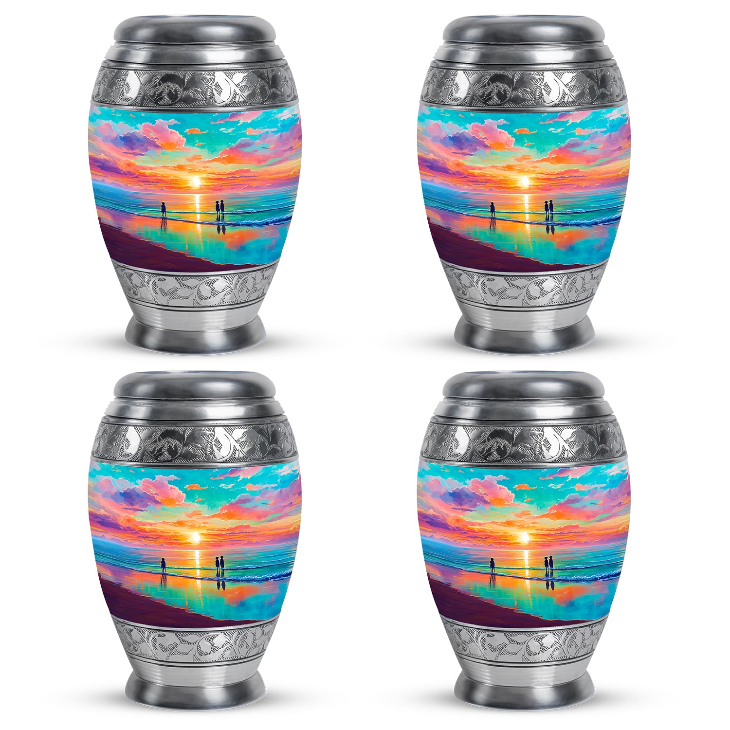 Tropical Teal Beach Cremation Urn urn with complimentary velvet bag - majestic beach pattern with filigree border - 10 inch aluminum urn for cremated remains
