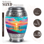 Jewel Teal Beach Cremation Urn lifestyle display on memorial shelf - regal beach design with crown-inspired accents - mini keepsake memorial for portion of cremation ashes