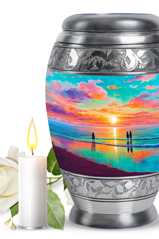 Vivid Teal Beach Cremation Urn back view with polished surface - majestic beach pattern with filigree border - full-size 10 inch 200 cubic inch adult cremation urn