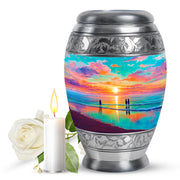 Vivid Teal Beach Cremation Urn back view with polished surface - majestic beach pattern with filigree border - full-size 10 inch 200 cubic inch adult cremation urn