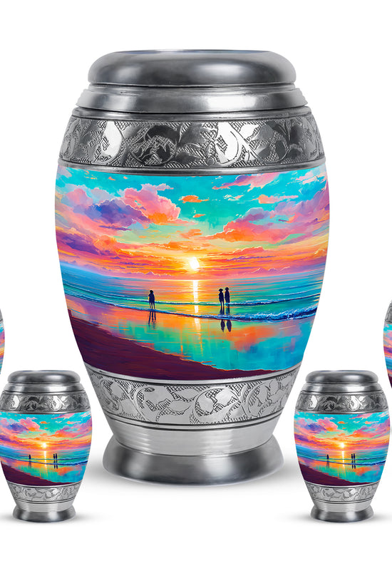 Mystic Teal Beach Cremation Urn detail view - majestic beach pattern with filigree border - memorial set with one large and four small urns