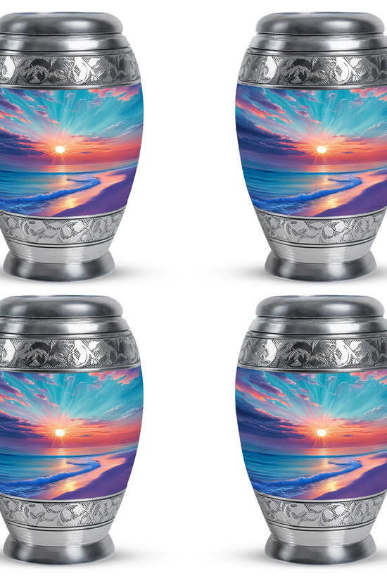 Cool Teal Beach Cremation Urn urn with complimentary velvet bag - ornate monarch-style beach relief on brushed aluminum - 10 inch aluminum urn for cremated remains