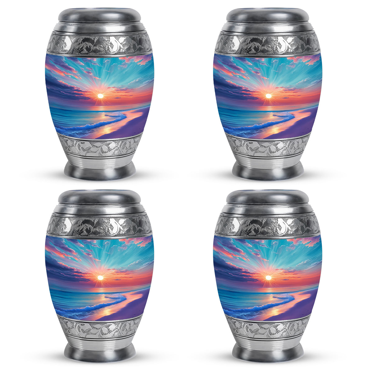 Cool Teal Beach Cremation Urn urn with complimentary velvet bag - ornate monarch-style beach relief on brushed aluminum - 10 inch aluminum urn for cremated remains