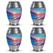 Cool Teal Beach Cremation Urn urn with complimentary velvet bag - ornate monarch-style beach relief on brushed aluminum - 10 inch aluminum urn for cremated remains