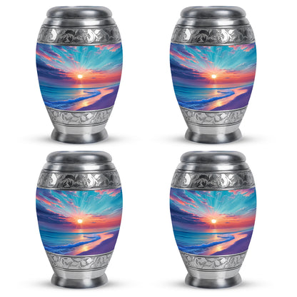 Cool Teal Beach Cremation Urn urn with complimentary velvet bag - ornate monarch-style beach relief on brushed aluminum - 10 inch aluminum urn for cremated remains