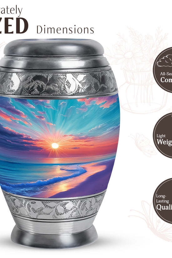 Cool Teal Beach Cremation Urn lifestyle display on memorial shelf - regal beach design with crown-inspired accents - mini keepsake memorial for portion of cremation ashes