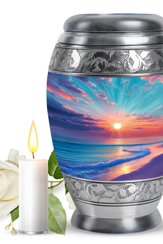 Cool Teal Beach Cremation Urn back view with polished surface - ornate monarch-style beach relief on brushed aluminum - full-size 10 inch 200 cubic inch adult cremation urn