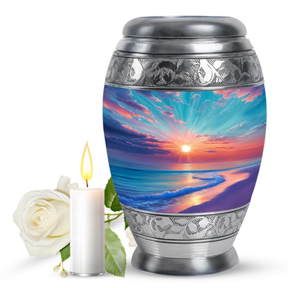 Cool Teal Beach Cremation Urn back view with polished surface - ornate monarch-style beach relief on brushed aluminum - full-size 10 inch 200 cubic inch adult cremation urn