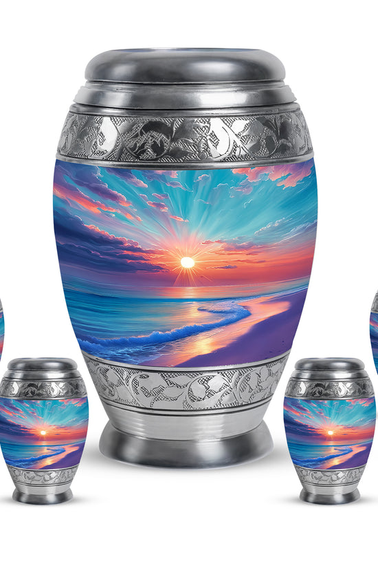 Aqua Teal Beach Cremation Urn detail view - royal beach engraving with decorative scrollwork - memorial set with one large and four small urns
