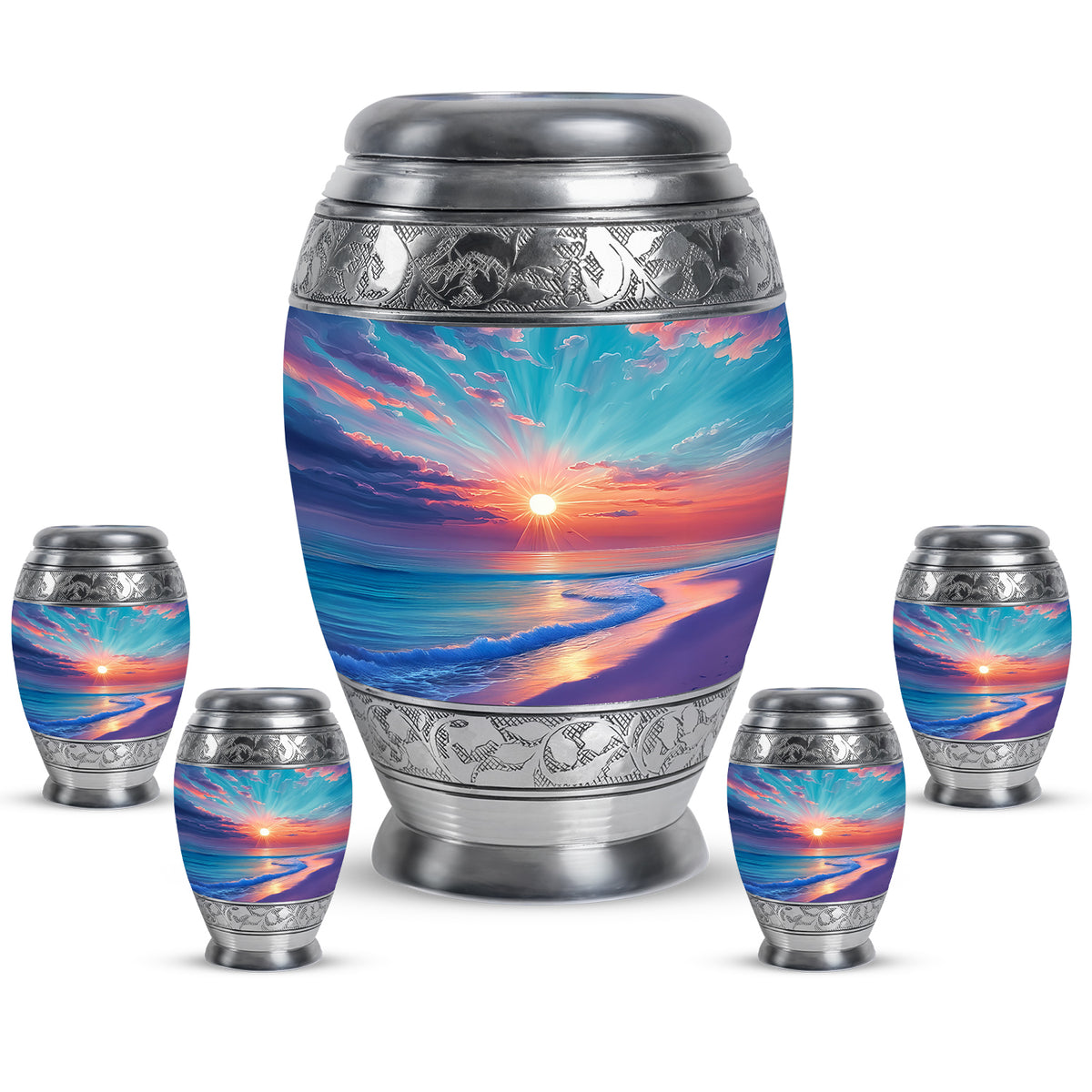 Aqua Teal Beach Cremation Urn detail view - royal beach engraving with decorative scrollwork - memorial set with one large and four small urns
