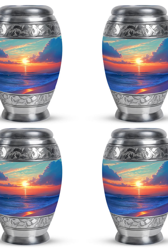 Cool Teal Beach Cremation Urn urn with complimentary velvet bag - regal beach design with crown-inspired accents - 10 inch aluminum urn for cremated remains