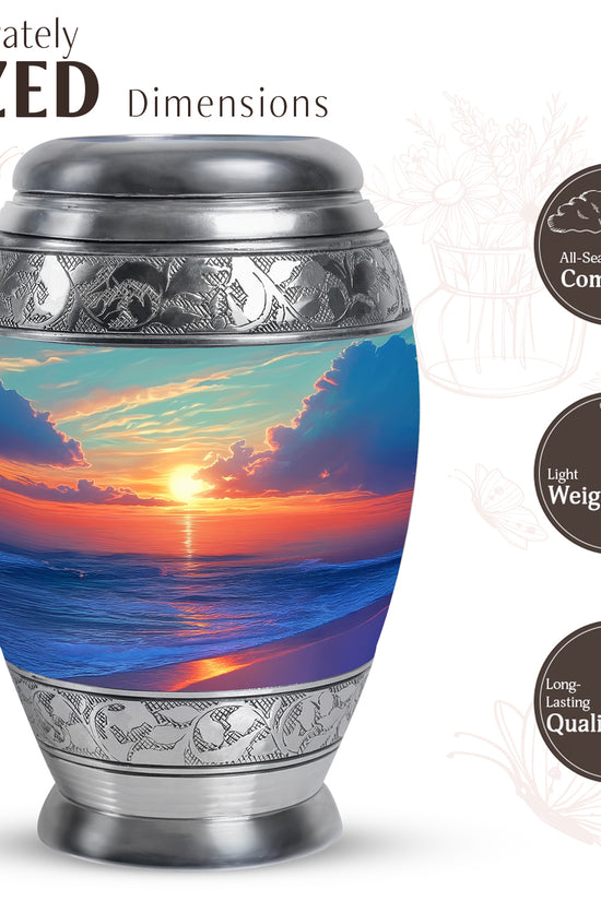 Mystic Teal Beach Cremation Urn lifestyle display on memorial shelf - royal beach engraving with decorative scrollwork - mini keepsake memorial for portion of cremation ashes