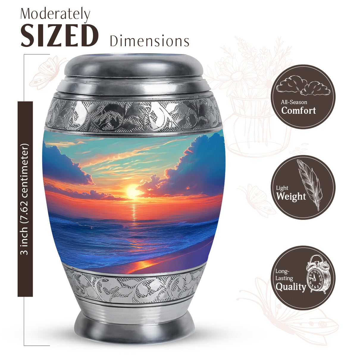 Mystic Teal Beach Cremation Urn lifestyle display on memorial shelf - royal beach engraving with decorative scrollwork - mini keepsake memorial for portion of cremation ashes